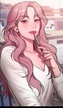 Rule 34 | 1girl, bad thinking diary, highres, long hair, looking at viewer, oh hyera, pencil, pink hair, red eyes, shirt, sitting, solo, very long hair, white shirt