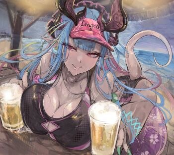 1girl absurdres alcohol bare_shoulders beach beer beer_mug black_one-piece_swimsuit blue_hair blush body_markings breasts cleavage colored_skin commentary_request commission cup earrings ebichannoshippo fate/grand_order fate_(series) grey_skin hat highres horns ibuki_douji_(fate) ibuki_douji_(swimsuit_berserker)_(fate) ibuki_douji_(swimsuit_berserker)_(first_ascension)_(fate) innertube jewelry large_breasts leaning_forward long_hair looking_at_viewer mug multicolored_hair one-piece_swimsuit oni pink_hair pink_hat pink_one-piece_swimsuit pixiv_commission pointy_ears ponytail red_eyes sidelocks smile solo swim_ring swimsuit tail two-tone_swimsuit visor_cap