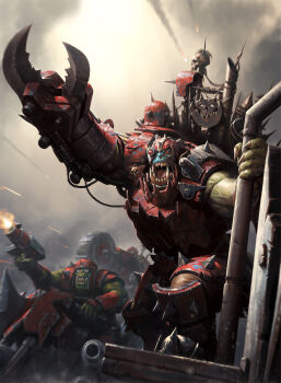 2boys artificial_eye claw_(weapon) darren_tan exhaust_pipe grey_sky gun highres holding holding_gun holding_weapon leg_armor mechanical_eye motor_vehicle motorcycle multiple_boys official_art on_motorcycle orc ork_(warhammer) ork_shoota sharp_teeth skull sky teeth warhammer_40k:_conquest weapon