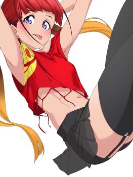 1girl armpits asukagawa_chise bare_arms bare_shoulders bike_shorts black_skirt black_thighhighs blue_eyes bright_pupils garter_straps gridman_universe highres isme long_hair looking_at_viewer miniskirt mole mole_under_mouth multicolored_hair navel red_hair simple_background skirt smile solo ssss.dynazenon thighhighs white_background