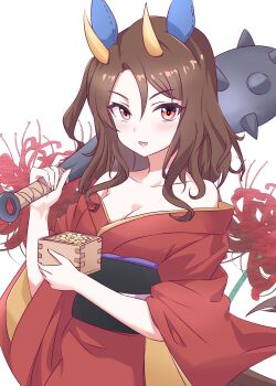 1girl animal_ears bare_shoulders beans blush breasts brown_hair cleavage club club_(weapon) collarbone commentary_request dress ear_covers flower funamori highres holding horns horse_ears horse_girl horse_tail japanese_clothes kanabou kimono king_halo_(umamusume) long_hair long_sleeves looking_at_viewer mamemaki medium_breasts obi off-shoulder_dress off_shoulder oni open_mouth red_eyes red_flower red_kimono sash setsubun smile solo soybean spider_lily spiked_club tail umamusume upper_body weapon wide_sleeves