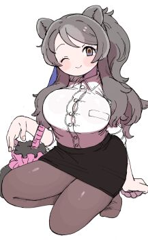 010mzam 1girl animal_ears bear_ears bear_girl bergman's_bear_(kemono_friends) black_pantyhose blush breasts brown_eyes bursting_breasts button_gap cleavage collared_shirt empty_eyes extra_ears grey_hair highres huge_breasts kemono_friends kemono_friends_3 kneeling long_hair looking_at_viewer multicolored_hair no_bra one_eye_closed pantyhose paw_stick shirt skirt smile solo taut_clothes white_shirt