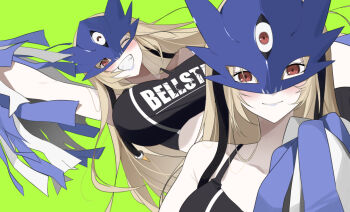 1girl alternate_costume arm_up bare_shoulders beelstarmon black_shirt blonde_hair blue_mask breasts cheering cheerleader closed_mouth collarbone commentary_request commission crop_top digimon digimon_(creature) eye_mask fang green_background grin holding holding_pom_poms large_breasts long_hair looking_at_viewer lower_body mask midriff one_eye_closed pom_pom_(cheerleading) pom_poms red_eyes shirt sidelocks simple_background skeb_commission sleeveless sleeveless_shirt smile standing teeth third_eye yotsumoto_yuu