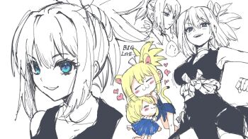 2girls :3 animal_ears bad_tag blonde_hair blue_dress blue_eyes cat_ears chibi choker dated dr._stone dress headpat heart high_ponytail hug kohaku_(dr._stone) looking_at_viewer multiple_girls multiple_views ponytail rope_belt simple_background sketch smile suika_(dr.stone) tail tatara_5738 whiskers white_background white_choker