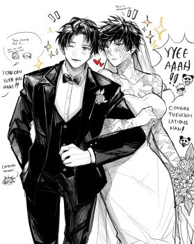 2girls 5boys alternate_costume animal blush bouquet bow bowtie bridal_veil character_request check_character chibi commentary couple dress english_commentary english_text flower formal_clothes fushiguro_megumi gojou_satoru greyscale heart hetero highres holding holding_bouquet itadori_yuuji jujutsu_kaisen kugisaki_nobara locked_arms long_sleeves monochrome multiple_boys multiple_girls muscular muscular_female okkotsu_yuuta one_eye_closed panda panda_(jujutsu_kaisen) pants partially_colored qeanoya scar scar_on_face smile speech_bubble suit veil wedding wedding_dress zen'in_maki