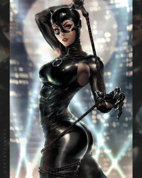 1girl animal_ear_headwear animal_ears ass batman_(series) black_bodystocking black_bodysuit black_eyeshadow blurry blurry_background bodysuit breasts cat_ears catwoman city comic_cover commentary cowboy_shot dc_comics english_commentary eyeshadow fake_animal_ears highres holding holding_weapon holding_whip kunkka looking_to_the_side makeup medium_breasts o-ring official_art parted_lips solo weapon whip