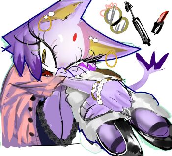 1girl alternate_costume animal_ears blaze_the_cat bracelet cat_ears cat_tail earrings frilled_skirt frills furry furry_female gyaru highres hoop_earrings hugging_own_legs jewelry kneehighs knees_up legs_together nora_(amongusfartvore) pink_sweater sitting skirt socks solo sonic_(series) sweater tail white_background yellow_eyes