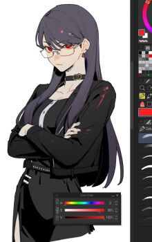 1girl art_program_in_frame black_choker black_hair black_jacket bright_pupils choker collarbone commentary cropped_legs crossed_arms ear_piercing earrings english_commentary expressionless glasses hair_ornament jacket jewelry kkaags long_hair long_sleeves looking_at_viewer piercing red_eyes shizuhara_hiruko simple_background solo the_hundred_line_-last_defense_academy- white_background white_pupils