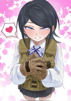 1girl amaruru0723 black_hair black_skirt bulletproof_vest danganronpa:_trigger_happy_havoc danganronpa_(series) heart highres ikusaba_mukuro short_hair skirt smile vest