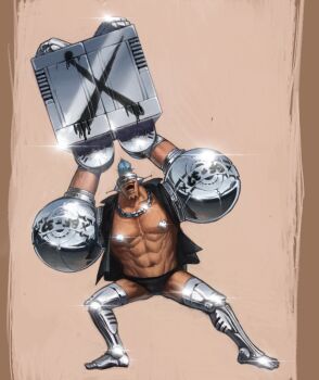 1boy :d abs alternate_costume arms_up bare_pectorals briefs cyborg franky_(one_piece) full_body glint highres large_pectorals legs_apart male_focus male_underwear muscular muscular_male navel nipples nyatthecat one_piece open_mouth oversized_limbs pectorals short_hair smile solo spiked_hair spread_legs standing stomach strongman_waist underwear