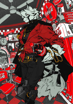 1boy alexandrina_sebastiane anastella_(zenless_zone_zero) animal_ears black_pants bottle butler_(zenless_zone_zero) ceiling_fan chair character_doll clock closed_mouth coca-cola commentary_request corin_wickes doll drusilla_(zenless_zone_zero) ellen_joe eyewear_hang furry furry_male guest_art highres holding holding_bottle indoors jewelry jukebox long_sleeves male_focus mechanical_legs nagabe necklace pants red_eyes ring shirt sign soda_bottle solo sunglasses tail unworn_eyewear von_lycaon wolf_boy wolf_ears wolf_tail zenless_zone_zero