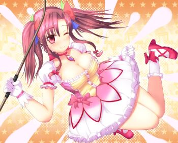 1girl 95-tan bobby_socks bow bow_(weapon) breasts brooch choker cleavage cosplay dress female_focus gloves hair_bow jewelry kaname_madoka kaname_madoka_(cosplay) kaname_madoka_(magical_girl) large_breasts mahou_shoujo_madoka_magica mahou_shoujo_madoka_magica_(anime) one_eye_closed os-tan red_eyes red_hair short_hair short_twintails sidelocks socks solo star_(symbol) toki_(tokinokogiri) tokinokogiri twintails weapon white_gloves wink