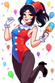 1girl absurdres artist_self-insert aseprite_(medium) balloon black_eyes black_hair black_shoes blue_leotard breasts commentary multiple_scoops english_commentary food gloves hat high_heels high_ponytail highres holding holding_ice_cream_cone ice_cream ice_cream_cone jester_cap leotard long_hair looking_to_the_side neck_ruff open_mouth pantyhose pixel_art ponytail red_leotard shoes simple_background small_breasts solo star_(symbol) white_background white_gloves yumykon yumykon_(yumykon) yumyverse