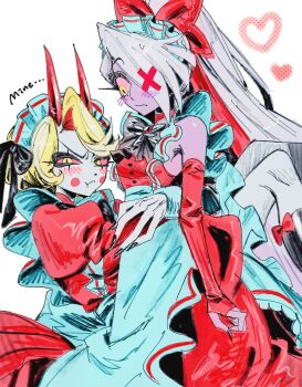 2girls :t apron bare_shoulders black_bow black_bowtie black_nails black_socks blonde_hair blush bow bow_legwear bowtie breasts buttons charlie_morningstar circle_facial_mark colored_inner_hair colored_sclera colored_skin demon_girl demon_horns dress elbow_gloves english_text feet_out_of_frame fingerless_gloves fingernails frilled_apron frills frown gloves hair_bow hair_over_one_eye halftone halftone_background hashtag-only_commentary hatching_(texture) hazbin_hotel headdress heart hellaverse high_ponytail highres horns hug juliet_sleeves kneehighs long_fingernails long_hair long_sleeves looking_at_another looking_at_viewer maid_apron maid_headdress medium_dress multicolored_hair multiple_girls nail_polish one_eye_covered petticoat pink_sclera ponytail puffy_sleeves purple_skin red_bow red_dress red_gloves red_hair red_horns scar_across_eyes simple_background sleeveless sleeveless_dress slit_pupils small_breasts socks sweatdrop two-tone_hair v-shaped_eyebrows vaggie very_long_hair waist_apron white_apron white_background white_hair white_skin wktmqtj yellow_eyes yuri