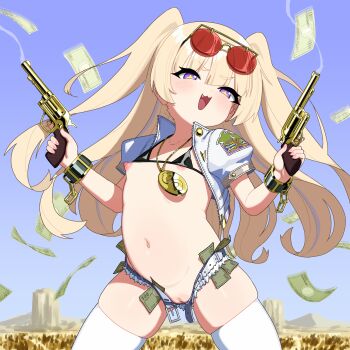 1girl absurdres azur_lane bache_(azur_lane) bache_(gorgeous_speed-star)_(azur_lane) banknote belt bikini black_bikini blonde_hair blush breasts censored cleft_of_venus collarbone cromachina cutoffs dollar_bill dual_wielding eyewear_on_head female_focus gun highres holding jacket loli long_hair looking_at_viewer medallion micro_bikini micro_shorts money navel nipples open_clothes open_jacket open_mouth purple_eyes pussy revealing_clothes short_sleeves shorts small_breasts smile solo standing swimsuit thighhighs thighs twintails weapon white_jacket white_thighhighs zipper