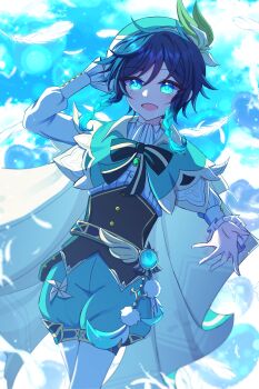 1boy absurdres anemo_symbol_(genshin_impact) animal_ears arm_behind_head bloomers blue_eyes braid cat_ears cecilia_flower_(genshin_impact) commentary dutch_angle feathers flower genshin_impact hair_between_eyes hat hat_flower highres offering_hand solo standing thighhighs tianma130 underwear venti_(genshin_impact) vision_(genshin_impact) white_thighhighs