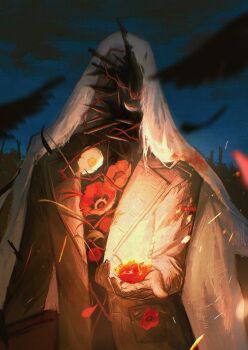 Rule 34 | 1boy, bird, black bird, black coat, black gloves, blue sky, burning, charon (reverse:1999), coat, embers, facing viewer, fire, flower, gloves, hashtag-only commentary, highres, holding, holding flower, male focus, night, object head, poppy (flower), red flower, reverse:1999, sky, solo, thorns, upper body, veil, white flower, white veil, xjsbca