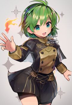 1girl :d alternate_costume black_shorts black_skirt buttons dated fire_emblem fire_emblem:_the_blazing_blade fire_emblem:_three_houses garreg_mach_monastery_uniform green_eyes green_hair hairband highres hirotaka_(hrtk990203) holding_flame looking_at_viewer medium_hair nino_(fire_emblem) nintendo open_mouth purple_hairband shorts shorts_under_skirt signature simple_background skirt smile solo sparkle standing