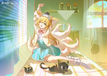 1girl absurdres animal_ears arknights black_cat blonde_hair cat che_zero chinese_commentary commentary_request dated fox_ears fox_girl fox_tail green_eyes hairband heixiu highres luo_xiaohei luo_xiaohei_(cat) official_alternate_costume one_eye_closed open_clothes red_ribbon ribbon shirt signature skirt solo stretching suzuran_(arknights) suzuran_(spring_praise)_(arknights) tail white_shirt