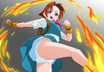 Rule 34 | 1girl, ass, backpack, bag, brown eyes, brown hair, fire, fuchi (nightmare), gradient background, grey background, headband, highres, justice gakuen, kicking, open mouth, panties, pantyshot, school uniform, shiritsu justice gakuen, short hair, smile, solo, taiyou gakuen uniform, underwear, wakaba hinata, white headband, white panties, yellow arm warmers