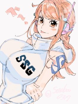 1girl arms_behind_back bare_shoulders blush breasts commentary curvy eyelashes headphones highres hood hood_down hoodie large_breasts leotard long_hair looking_at_viewer nami_(one_piece) nami_(one_piece)_(egghead) official_alternate_costume one_piece orange_eyes orange_hair shoulder_tattoo sidelocks simple_background sleeveless sleeveless_hoodie smile solo sotoba0317 symbol-only_commentary tattoo tongue tongue_out twitter_username upper_body white_background white_hoodie white_leotard wide_hips