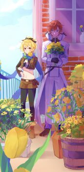 1boy 1girl 3siyo_u absurdres belt black_gloves blonde_hair blue_eyes blue_scarf bouquet bow brick_wall brown_belt brown_shorts coat crop_top cropped_jacket day earrings felt_(re:zero) flower flower_pot full_body gloves hair_bow highres holding holding_bouquet holding_flower jacket jewelry long_sleeves midriff navel orange_hair outdoors pants pantyhose ponytail re:zero_kara_hajimeru_isekai_seikatsu red_eyes red_hair reinhard_van_astrea scarf short_hair shorts sky smile standing tulip vase white_coat white_jacket white_pants window yellow_flower
