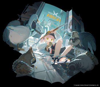 1girl absurdres animal arm_up bandaid bandaid_on_knee bandaid_on_leg bird black_shorts brick_wall building cable chinese_commentary commentary_request crowbar door english_text finger_to_mouth fox frying_pan full_body girls'_frontline girls'_frontline_neural_cloud glass_door goose green_eyes groundhog gun hand_up handgun highres holding holding_crowbar knees_up legs long_sleeves official_art parted_lips pink_hair pistol pistol_cartridge reflection sandals shorts side_ponytail solo squirrel taisch_(neural_cloud) tianliang_duohe_fangdongye tile_floor tiles toes utility_pole wanted_poster weapon wolf