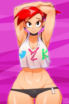 1girl armpits black_choker black_eyes black_panties breasts choker earrings foster's_home_for_imaginary_friends frankie_foster gluteal_fold highres jewelry medium_breasts panties red_hair simple_background smile solo tank_top thick_thighs thighs underwear wide_hips zznakuu