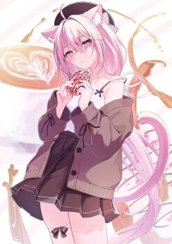 Rule 34 | 1girl, ahoge, animal ears, asymmetrical legwear, beret, blush, breasts, brown jacket, brown skirt, cat ears, cat tail, coffee, coffee mug, collarbone, commentary, cowboy shot, cup, donut, food, hat, highres, holding, holding food, jacket, looking at viewer, lows., mug, off shoulder, open clothes, open jacket, original, pink eyes, pink hair, pink tail, pleated skirt, ruka (lows.), shirt, skirt, small breasts, solo, spaghetti strap, symbol-only commentary, tail, thigh strap, white shirt