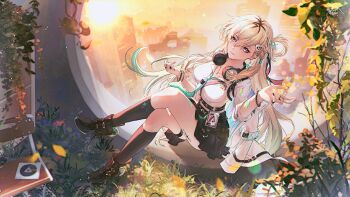 1girl belt black_nails black_skirt black_socks blonde_hair bracelet braid braided_bangs breasts charm_(object) chinese_commentary city closed_mouth commentary_request crossed_legs earrings fingernails full_body gloves gradient_hair grass green_hair green_nails green_necktie hair_between_eyes hair_ornament hair_rings hand_up headphones headphones_around_neck highres jacket jewelry kneehighs liangji_uu long_hair long_sleeves looking_at_viewer lynae_(wuthering_waves) medium_breasts miniskirt morning multicolored_hair nail_polish necktie open_clothes open_jacket outdoors plant pleated_skirt purple_eyes shirt shirt_tucked_in shoes single_hair_ring sitting skirt skull_hair_ornament smile socks solo star_(symbol) star_earrings sun sunlight very_long_hair white_jacket white_shirt wuthering_waves