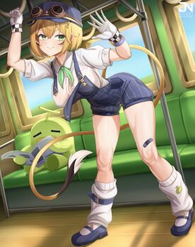 1girl artist_name bandaid bandaid_on_leg black_hair black_overalls black_shoes blonde_hair breasts button_gap checkered_gloves cleavage collared_shirt dooby dooby_(1st_costume) eyewear_on_headwear gloves green_eyes green_neckerchief highres indie_virtual_youtuber jnstudio kippu_(dooby) leaning_forward loose_socks multicolored_hair neckerchief overalls shirt shoes short_hair sitting smile socks streaked_hair striped_clothes striped_overalls train_conductor train_interior twitter_username virtual_youtuber white_gloves white_hair white_shirt white_socks window wooden_floor