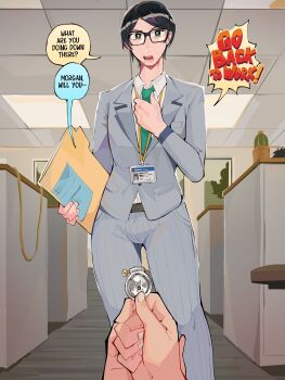 1boy 1other absurdres adjusting_clothes adjusting_necktie black-framed_eyewear black_hair bright_pupils chastity_cage collared_shirt diforland english_text flat_chastity_cage folder glasses green_eyes green_necktie grey_jacket grey_pants highres holding holding_chastity_cage holding_folder indoors jacket lanyard looking_at_viewer morgan_(diforland) name_tag necktie office open_mouth original pants pov pov_hands shirt short_hair small_chastity_cage solo_focus speech_bubble standing trap unworn_chastity_cage white_shirt