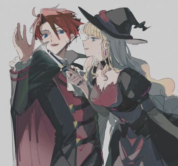 1boy 1girl alternate_costume ascot beatrice_(umineko) black_cape black_dress blonde_hair blue_eyes breasts cape cleavage couple dagger dress earrings eye_contact fang finsuess frilled_sleeves frills gem halloween_costume hand_up hat hetero highres holding holding_dagger holding_knife holding_weapon jewelry knife long_hair looking_at_another popped_collar puffy_sleeves red_gemstone red_hair single_hair_intake umineko_no_naku_koro_ni upper_body ushiromiya_battler wavy_hair weapon white_ascot witch_hat