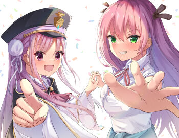 Rule 34 | 2girls, :d, absurdres, aikawa megumi, ascot, black hat, black ribbon, blush, breasts, bun cover, commentary request, confetti, double bun, eyes visible through hair, fang, floating hair, green eyes, grin, hair between eyes, hair bun, hair ribbon, happy, hat, heaven burns red, highres, holding hands, index finger raised, interlocked fingers, kunimi tama, large breasts, long hair, long sleeves, looking at viewer, multiple girls, neck ribbon, open mouth, outstretched hand, peaked cap, pink eyes, pink hair, reaching, reaching towards viewer, red ascot, red ribbon, ribbon, sidelocks, simple background, skin fang, smile, smug, straight hair, tatika714, upper body, v-shaped eyebrows, very long hair, white background, white ribbon, wide sleeves