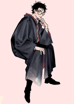 1boy black_hair black_pants black_shoes closed_mouth commentary_request full_body glasses green_eyes gryffindor harry_potter harry_potter_(series) highres hood hooded_coat ma_o_kl male_focus pants pink_background round_eyewear scar scar_on_face shoes short_hair simple_background solo wizarding_world