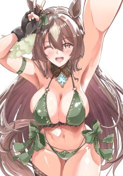 1girl animal_ears bikini breasts brown_hair cleavage green_bikini highres horse_ears horse_girl horse_tail kentan_(kingtaiki) large_breasts long_hair multicolored_hair navel satono_diamond_(umamusume) simple_background smile solo streaked_hair swimsuit tail umamusume very_long_hair