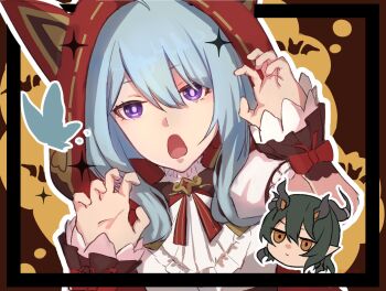 1boy 1girl black_horns black_horse blue_hair bug butterfly claw_pose dress gonnbe_fofo green_hair griseo griseo_(maroon_riding_hood) griseo_(starry_impression) highres honkai_(series) honkai_impact_3rd horns insect kosma official_alternate_costume orange_hair pointy_ears purple_eyes red_hood short_hair white_dress