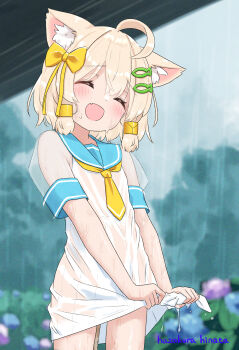 1boy ^_^ ahoge animal_ears blonde_hair blush bow cat_boy cat_ears closed_eyes crossdressing crossdressing_(mtf) dress fish_hair_ornament hair_bow hair_ornament happy hazakura_hinata highres kaya_(hazakura_hinata) male_focus open_mouth outdoors rain sailor_collar see-through_clothes short_hair short_sleeves smile solo trap wet wet_clothes yellow_bow