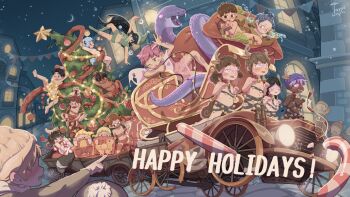 1girl 6+boys animal_ears antique_car antlers bdsm beanie black_hair bondage bound bound_wrists brown_hair christmas christmas_star christmas_tree collar dark-skinned_male dark_skin deer_ears fake_animal_ears fake_antlers hat horns loli mind_control multiple_boys original outdoors pajamas pink_hair pointing reindeer_antlers restrained ribbon ribbon_bondage shota sled star_(symbol) town toxyz