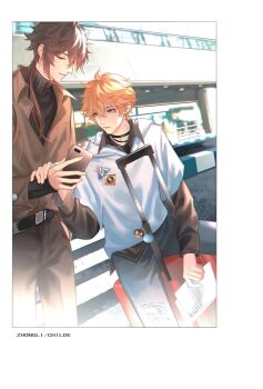 Rule 34 | 2boys, 3-secs, contemporary, genshin impact, highres, image sample, key chain, multiple boys, phone, pixiv, pixiv sample, slime (creature), suitcase, tartaglia (genshin impact), turtleneck, yaoi, zhongli (genshin impact)