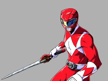 1boy belt bodysuit commentary english_commentary gloves grey_background helmet highres holding holding_sword holding_weapon kyouryuu_sentai_zyuranger male_focus mighty_morphin_power_rangers mighty_morphin_red_ranger mrmiguelart power_rangers red_bodysuit red_helmet solo super_sentai sword tokusatsu toned toned_male tyranno_ranger upper_body weapon white_gloves