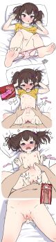 1boy 1girl absurdres barefoot blush bow bow_panties brown_hair carrot_(comodox) cleft_of_venus colored_condom comodox condom condom_wrapper cross-section cum cum_in_pussy cumdrip ejaculation flat_chest hetero highres internal_cumshot loli long_image navel nipples nose_blush open_mouth original panties pointless_condom polka_dot polka_dot_panties print_panties print_underwear purple_eyes pussy sex shirt short_sleeves soles speech_bubble tall_image toes torso_grab twintails uncensored underwear unwanted_creampie used_condom uterus vaginal wavy_mouth yellow_shirt