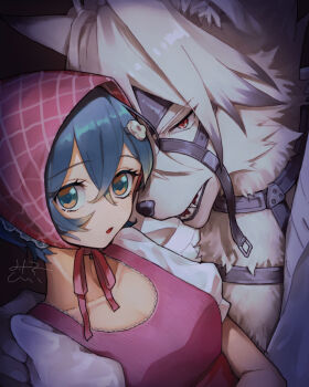 1boy 1girl alternate_costume animal_ear_fluff animal_ears belle_(zenless_zone_zero) black_background blue_hair body_fur breasts collarbone colored_tips commentary dress flower_hairpin furry furry_male furry_with_non-furry green_eyes hair_between_eyes headscarf hetero highres interspecies ishinonono looking_at_viewer medium_breasts multicolored_hair muzzle_(mask) open_mouth pink_dress plaid_headscarf puffy_sleeves red_eyes ribbed_dress shirt short_hair signature upper_body von_lycaon white_fur white_hair white_shirt white_sleeves wolf_boy wolf_ears zenless_zone_zero