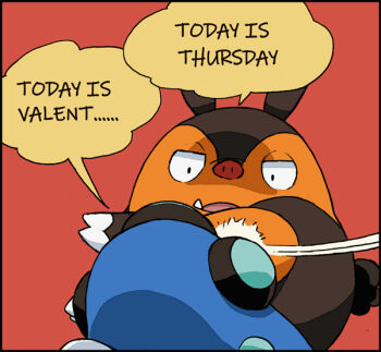 ... batman_slap_(meme) english_text fangs gen_5_pokemon hijirino_yuuta meme motion_lines nintendo no_humans nostrils open_mouth palpitoad parody pignite pokemon pokemon_(creature) red_background simple_background slapping speech_bubble valentine