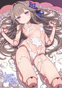 1girl artist_name breasts brown_hair doll_joints flower hair_flower hair_ornament herta_(honkai:_star_rail) herta_(puppet)_(honkai:_star_rail) highres honkai:_star_rail honkai_(series) joints loli long_hair looking_at_viewer lying nude on_back paid_reward_available puddinghomhom purple_eyes small_breasts solo