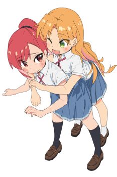 2girls 4uys ;d ankle_socks asymmetrical_bangs black_socks blonde_hair blue_skirt blush_stickers brown_shoes closed_mouth collared_shirt commentary_request full_body green_eyes high_ponytail highres hug hug_from_behind kneehighs leaning_forward loafers long_hair looking_at_another looking_back medium_skirt multiple_girls neck_ribbon one_eye_closed open_mouth parted_bangs pleated_skirt ponytail red_eyes red_hair red_ribbon ribbon ruri_no_houseki school_uniform seto_shouko shirt shoes short_sleeves simple_background single_sidelock skirt smile socks tanigawa_ruri white_background white_shirt white_socks