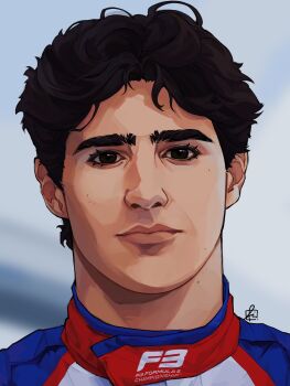 1boy atmisuki black_eyes black_hair blurry blurry_background closed_mouth commentary english_commentary formula_3 grey_background highres lips looking_at_viewer male_focus nose portrait rafael_camara real_life realistic short_hair solo straight-on