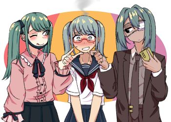 3girls black_eyes black_skirt blue_hair blue_skirt blush brown_jacket brown_necktie brown_shirt brown_skirt cellphone collared_shirt confessions_of_a_rotten_girl_(vocaloid) dual_persona glasses hair_between_eyes hatsune_miku highres holding holding_phone jacket jirai_kei long_sleeves monitoring_(vocaloid) multiple_girls necktie one_eye_closed phone pink_shirt pumpkinton red-framed_eyewear school_uniform serafuku shirt short_sleeves skirt smartphone smile steam teeth tongue tongue_out twintails vampire_(vocaloid) vocaloid white_serafuku yuri