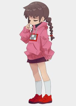 1girl absurdres arm_at_side bow braid brown_hair child closed_eyes closed_mouth drawstring female_focus flat_chest full_body grey_background hair_bow hand_up highres hood hood_down hooded_sweater jaggy_lines kneehighs legs long_hair madotsuki miniskirt neamosub pink_sweater purple_skirt raised_eyebrows red_bow red_shoes shoes sidelocks simple_background skirt socks solo standing sweater twin_braids twintails u_u white_socks yume_nikki
