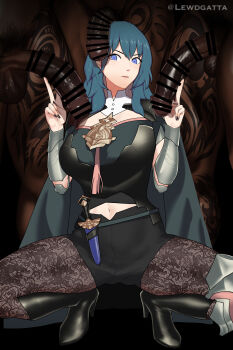 1girl 3boys absurdres armor artist_name bar_censor black_boots black_nails black_pantyhose black_shorts blue_eyes blue_hair boots breastplate breasts cape censored closed_mouth clothed_female_nude_female commentary dagger dark-skinned_male dark_skin double_v english_commentary erection eyelashes female_byleth_(fire_emblem) fire_emblem fire_emblem:_three_houses full_body gluteal_fold grey_cape hair_between_eyes hands_up highleg_shorts highres interracial knife large_breasts large_penis leg_tattoo lewdgatta light_frown looking_at_viewer medium_hair midriff_peek multiple_boys nail_polish navel nintendo nude pantyhose penis penis_on_head sheath sheathed short_shorts shorts spread_legs squatting surrounded_by_penises tassel tattoo thighs twintails v very_dark_skin weapon